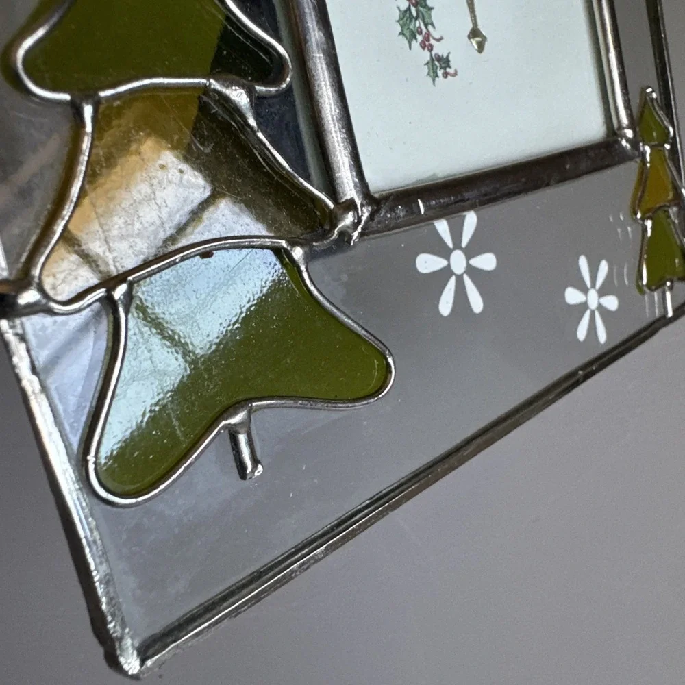 Vintage Stained Glass Christmas Tree & Snowflake 2.5x3.5 Photo Frame Metal Trim